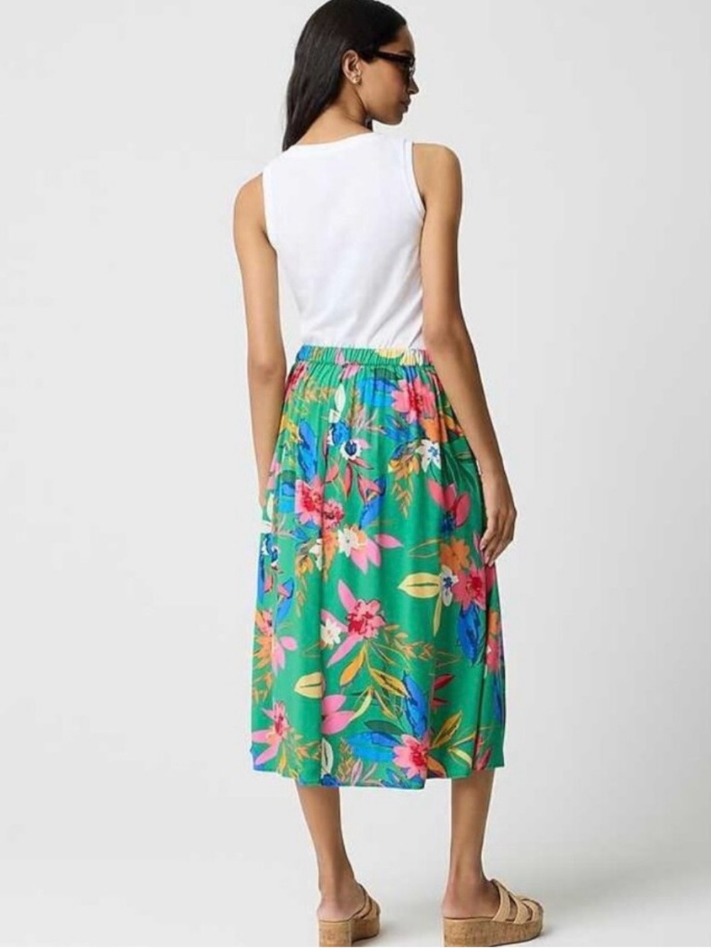 J. Crew Green Floral Faux Wrap Tie-Waist Midi Skirt - Picture 4 of 9